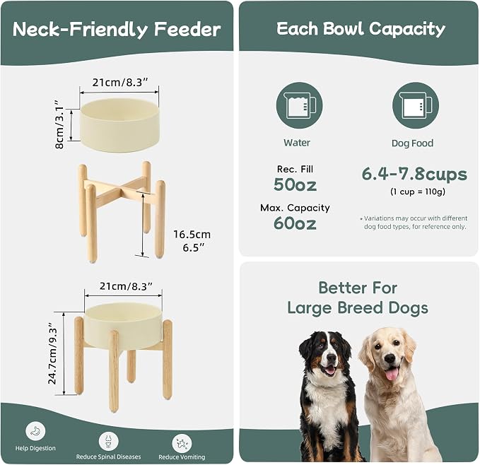 Havniva Elevated Dog Bowls Ceramic Dog Bowls with Stand, Dog Food Bowl | 8.3” Raised Dog Bowls with Non-Slip Wood Stand, Dog Food and Water Bowl Set, Dog Feeding Bowls for Large Dogs