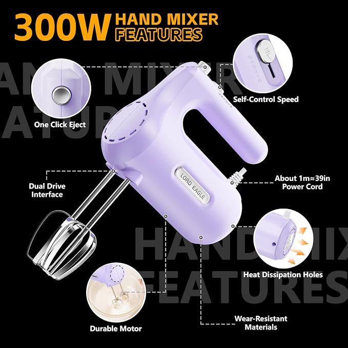 Lord Eagle 5-Speed Hand Mixer Electric, 300W Compact Handheld Mixer, Portable Kitchen Egg Beater with 5 Attachments & Storage Bag, Cake Supplies for Bread Dough Baking, Lightweight, Purple