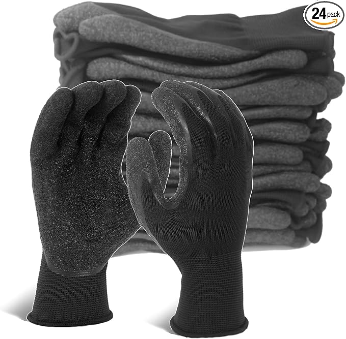 Evridwear Crinkle Latex Rubber Hand Coated Safety Work Gloves for Men Women General Multi Use Construction Warehouse Gardening Assembly Landscaping,Black Medium 12 Pairs Pack