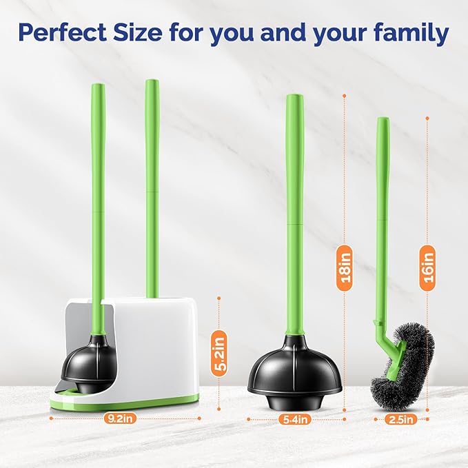 HAMITOR Toilet Plunger Bowl Brush Combo：Heavy Duty Rubber for Drain Clog Remover - Curved Design Bristles for Deep Cleaning Under Rim - Compact Bathroom Cleaning Tools for New Homet Essentials-Green