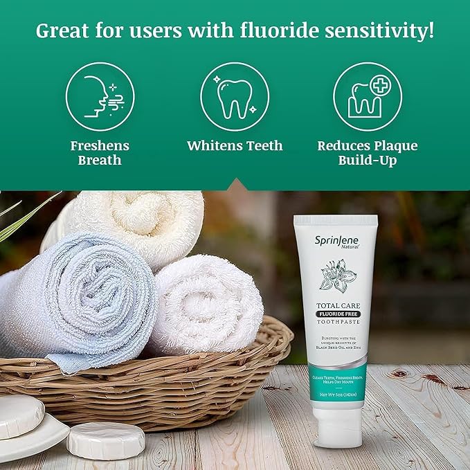 SprinJene Natural Total Care Fluoride Free Toothpaste – Patented Formula with Black Seed Oil & Zinc – Dry Mouth Toothpaste for Fresh Breath & Strong Teeth – Made in the USA (2 Pack)