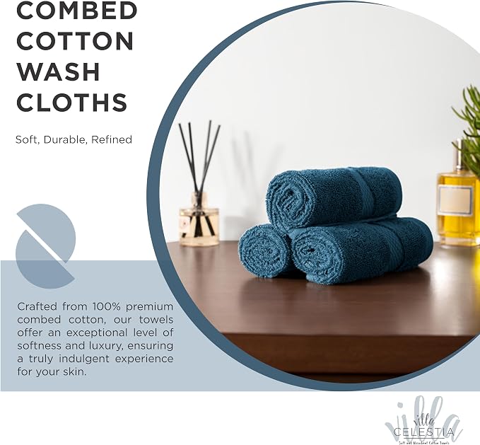 Villa Celestia Cotton Washcloths Set of 12, 12x12 Inch, 100% Ring-Spun Combed Cotton, Soft Absorbent Quick-Dry Wash Cloths for Face and Body, Oeko-TEX Certified, Hotel & Spa Quality, Blue