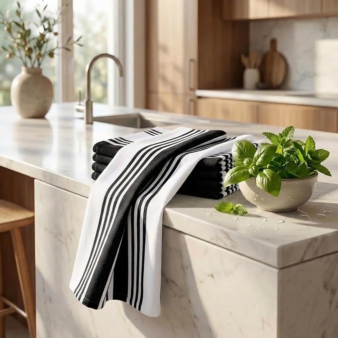 Urban Villa Kitchen Towels 100% Cotton Dish Towels for Kitchen (Set of 6)20”x30” Dish Cloths Highly Absorbent Kitchen Linen Set with Hanging Loop Perfect for Drying Dishes Cleaning Towels-Black White