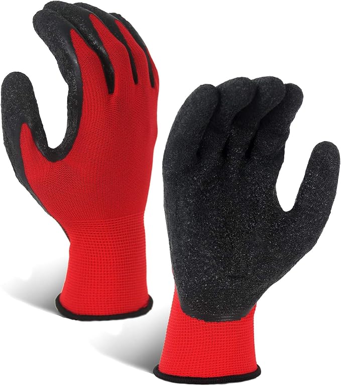 Evridwear Crinkle Latex Rubber Hand Coated Safety Work Gloves for Men Women General Multi Use Construction Warehouse Gardening Assembly Landscaping,Red XX-Large 12 Pairs Pack