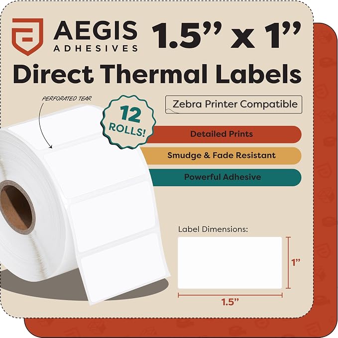 Aegis Adhesives - 1.5" X 1" Direct Thermal Labels (15600 Count, 10 Rolls) - Barcode Stickers, FNSKU Labels, and Product Identification - Compatible with Zebra Desktop Printers, NOT Rollo Compatible