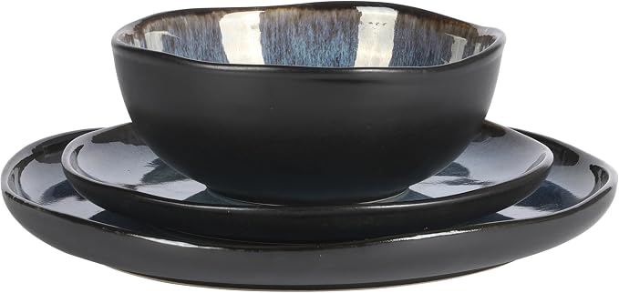 Gibson Elite Nardini 12 Piece (Service for 4) Plates and Bowls Reactive Glaze Dishes Stoneware Ceramic Dinnerware Set - Black and Blue