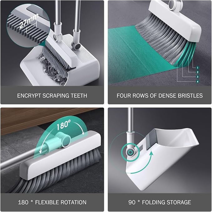 Dustpan and Broom Set, Broom Dustpan 3-in-1 90° Stand up Heavy Duty Dust Pan and Set with Long Handle 180° Rotation for Indoor & Outdoor Sweeping, with