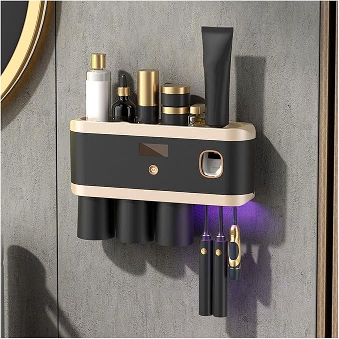 Toothbrush Rack Smart Toothbrush Holder Wall Mount Toothbrush Holder with Mouthwash Cup Automatic Toothpaste Dispenser Squeeze Kit Bathroom Toothbrush Holder(B)
