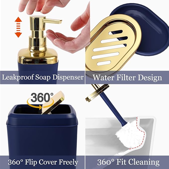 XLHOMO Navy Blue Bathroom Accessories, 24 Pieces Blue and Gold Bathroom Accessories Set with Shower Curtain, Bath Towels, Trash Can, Soap Dispenser and Soap Dish for Bathroom/Housewarming