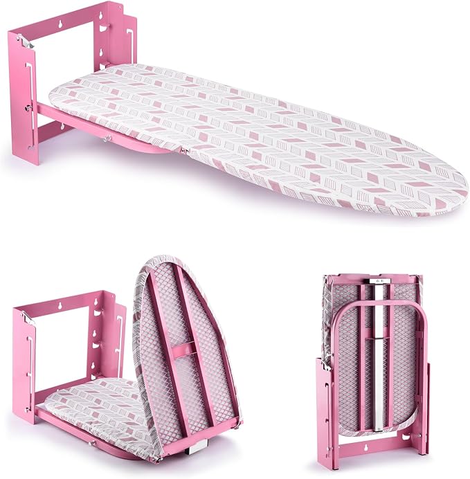 Wall Mounted Ironing Board Adjustable Height Fold Away Iron Board | 36x12 Inch Wall Mount Space-Saving Ironing Board with Removable Heat Resistant Cover for Small Spaces Home Laundry Room Pink