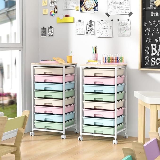 SYKIARIOL Rolling Storage Cart with Drawers,Utility Cart With 8 Drawers and Wooden Tabletop,Rolling Drawer Cart,Storage Drawer Cart for Living Room,Classroom,Bedroom,Bathroom,Dorm,Office,Rainbow