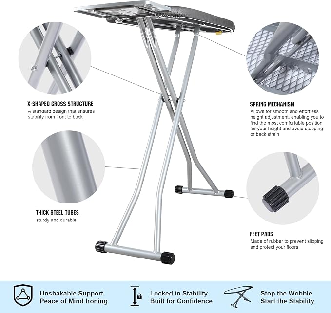 oleaf Ironing Board with Cover and Thicken Pad Height Adjustable Full Size Foldable Iron Board with Iron Rest, Stable Steel Legs, Metal Construction, Heat Resistant, Gray and White Checkered