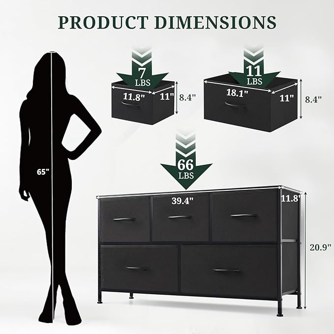 5-Drawer Dresser for Bedroom, Anti-Tip Wide Storage Organizer Fabric Chest of Drawers TV Stand for 45" TV with Wooden Top and Metal Frame for Closet, Living Room, Hallway, Entryway, Black