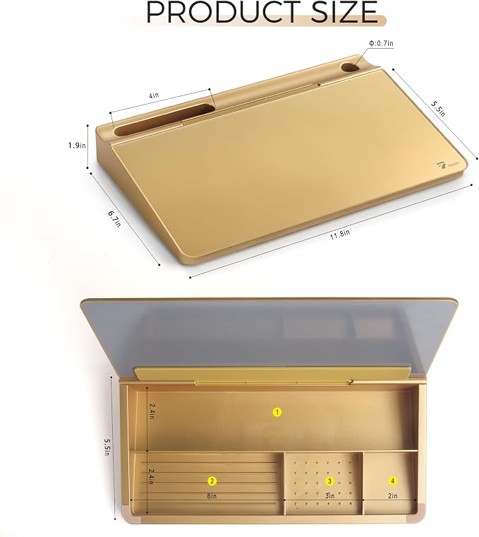 TOWON Small Compact Glass Desktop Whiteboard with Storage – 12 x 7 in Dry Erase Board for Desk, Home Office, School | Includes 5 Markers, Eraser & Holder | Space-Saving Organizer, Metallic Gold