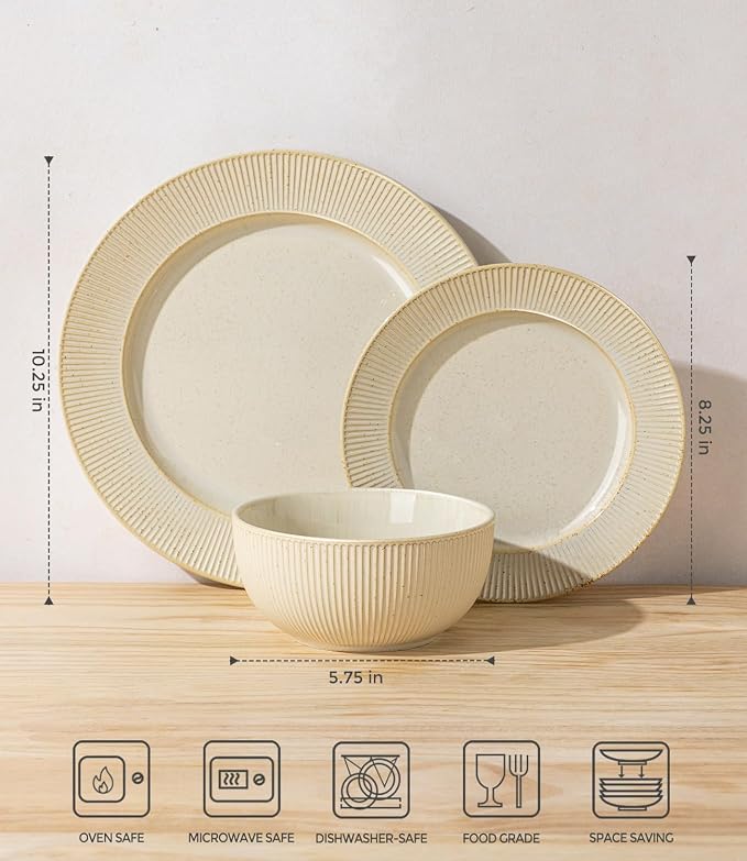 TheTerra Ceramic Dinnerware Sets for 4, 12 Pieces Porcelain Lightweight Plates and Bowls Sets, Scratch Resistant Dish Set, Oven, Microwave & Dishwasher Safe, Cream Latte