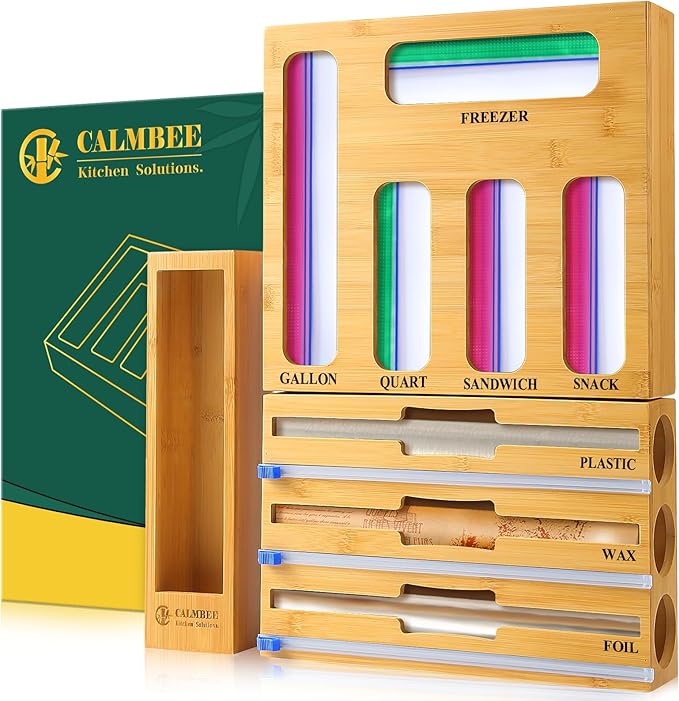 Calmbee 9 in 1 Bamboo Storage Bag Organizer for Kitchen Drawer – Plastic Wrap Dispenser with Cutter & Foil Organizer, Wooden Baggie Organizer for Sandwich, Snack, Gallon, Quart Sizes, Natural