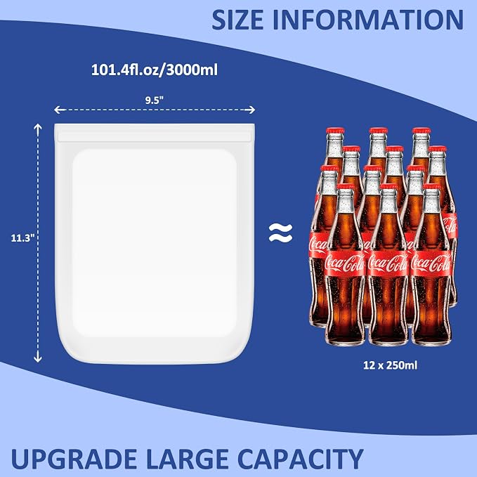 Extra Large Reusable Silicone Freezer Bags 4 Pack, 0.8 Gallon/3000ml, 100% Silicone Food Storage Wide-Open Zip-Lock Reusable Bags for Large Items, Microwave Freezer Oven Dishwasher Safe, Translucent