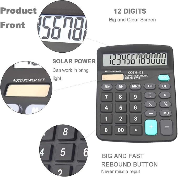 Calculators, BESTWYA Large Button Desk Calculator (Black, Pack of 4) | 12-Digit Dual Power Angled LCD Display Handheld Desktop Feature for Office, School, Home