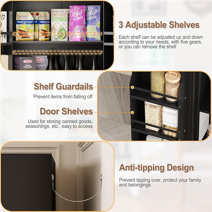 GAIOUS Metal Kitchen Pantry Cabinet, Food Storage Cabinets Black Cupboard | Storage Cabinet with 2 Door and 3 Adjustable Shelves, Freestanding Steel Sideboard, with Door Shelf, for Kitchen Dinning Room