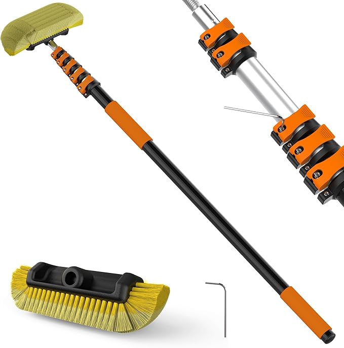 14FT Car Wash Brush with Long Handle, 12-Inch Soft Bristle Car Cleaning Brush for Cleaning RV, Truck, Boat, Solar Panels, Orange