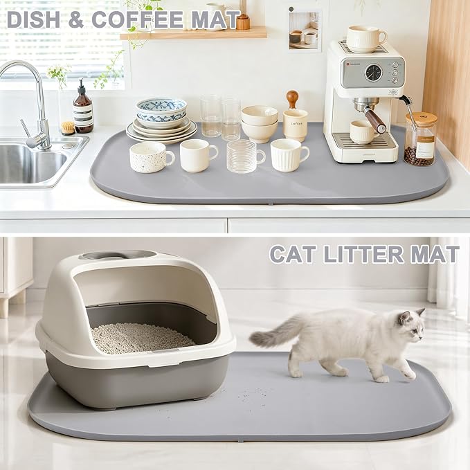 SMILOOL Waterproof Silicone Pet Food Mat with Raised Edge for Dog & Cat | 36" x 24" Non-Slip Large Pet Feeding Mats with Lip for Food & Water Bowl, Food Grade, Easy Cleaning, Light Gray