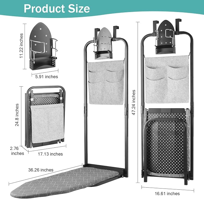 Seiritex Over the Door Ironing Board 14x42 inches with Iron Holder and Pocket Storage Bag, Hanging Iron Board for Home Laundry Room, Black