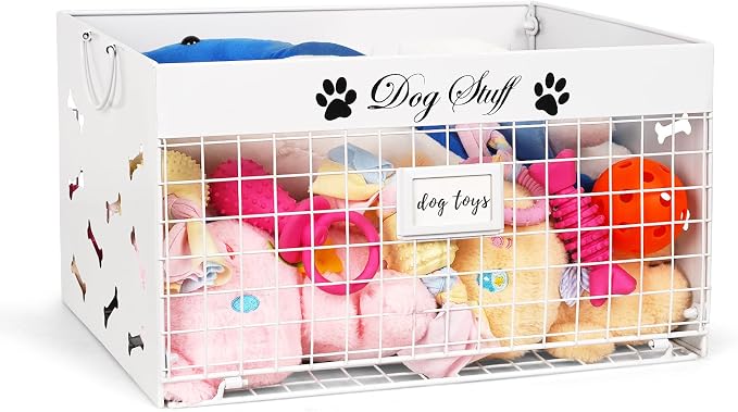 Bfttlity Dog Toy Basket - Large Dog Toy Box with Handles and Label Position Design for Living Room, Metal Dog Toy Bin Storage for Dogs Chew Pets Toys, Blankets, Clothes, Food (White)