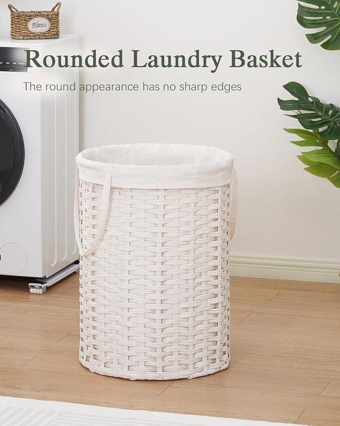 SETVSON Laundry Basket Round Rattan Laundry Hamper 29.1 Gal(110 L) Handwoven Large Wicker Basket with Handles, Wicker Hamper with Removable Bags and 2 Mesh Bags for Bathroom Living Room White(No Lid)