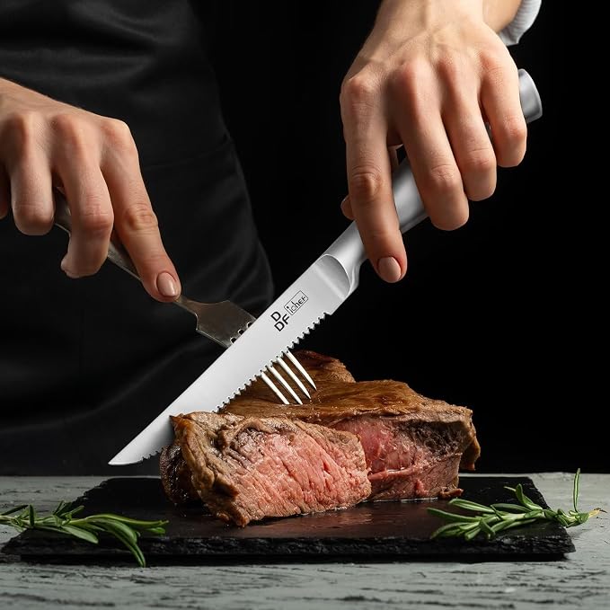 Steak Knives Set of 6, 4.5-Inch Serrated Steak Knives, Dishwasher Safe | Steak Knives High Carbon Stainless Steel, Serrated Knives with Ergonomic Hollow Handles, Silver, for Families & Restaurants