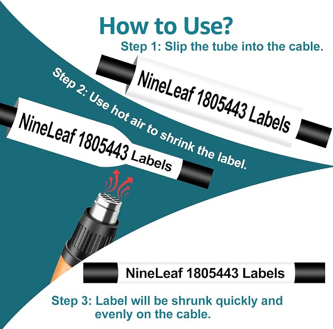 NineLeaf 5 Pack Compatible Labels Tape Replacement for Dymo 1805443 1 inch Black on White Heat Shrink Tube Labels 24mm x 1.5m for Wires and Cables Use in Rhino 6000 6500 Label Maker