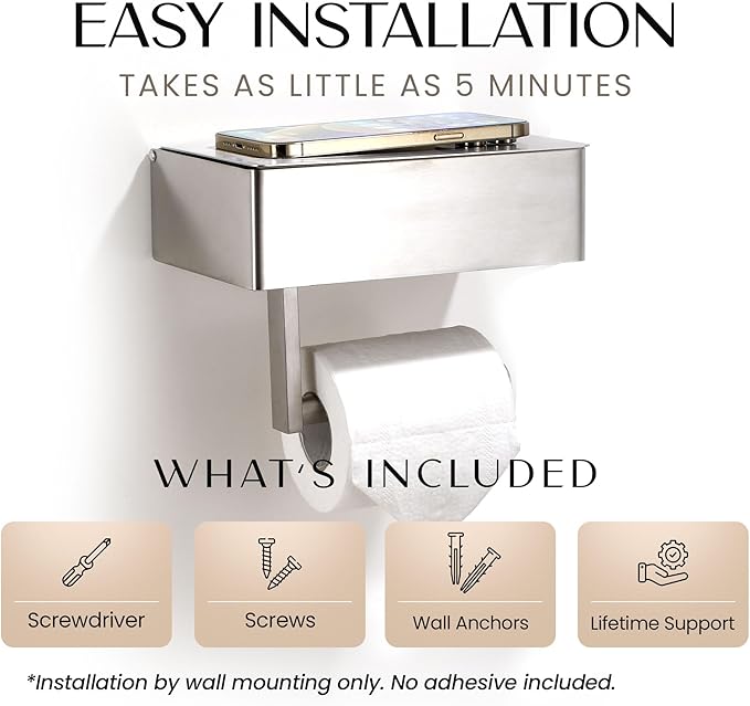 Day Moon™ - Toilet Paper Holder with Shelf - Modern Roll Holder for Bathroom - 1 Pack - Wall Mount - with Storage, Polished Chrome