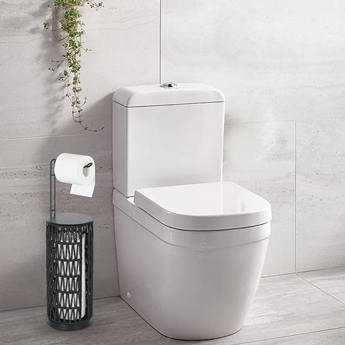 Black Freestanding Toilet Paper Holder with Storage,3 Rolls of Tissue Holder for Bathroom,Handmade Woven Toilet Paper Roll Holder Stand,Rattan Sturdy Boho Bathroom