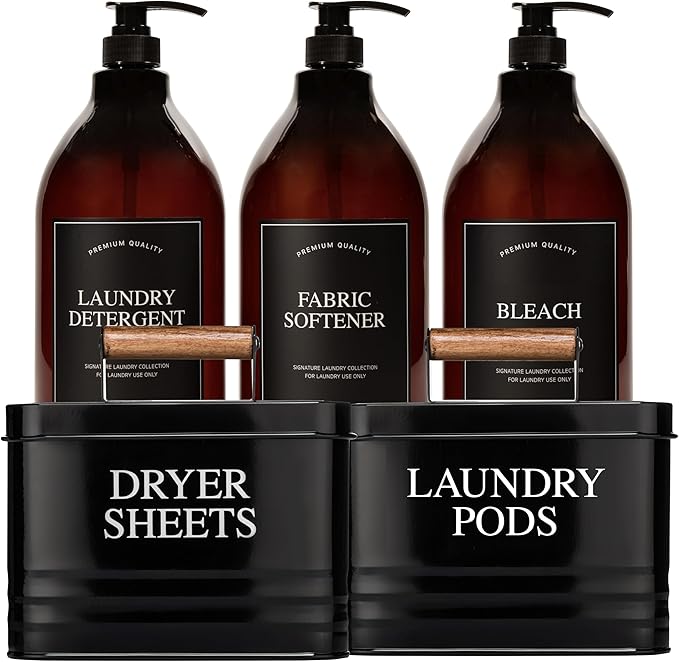 Calindiana Modern Farmhouse Liquid Laundry Detergent, Bleach and Fabric Softener Dispenser, Dryer Sheets Holder and Laundry Pods Holder Bundle for Laundry Room Organization and Storage, Laundry Decor