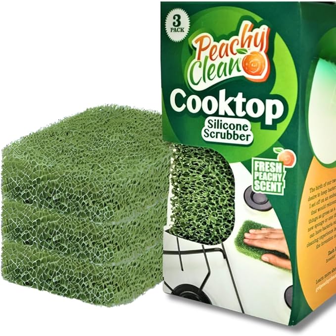 Peachy Clean Silicone Cooktop Sponge Scrubbers, Fresh Peach Scent, Non-Scratch, Odor-Resistant, Durable Household Cleaning Sponges for Dishes, Sinks, & Counter Tops Sponge, 3Pk