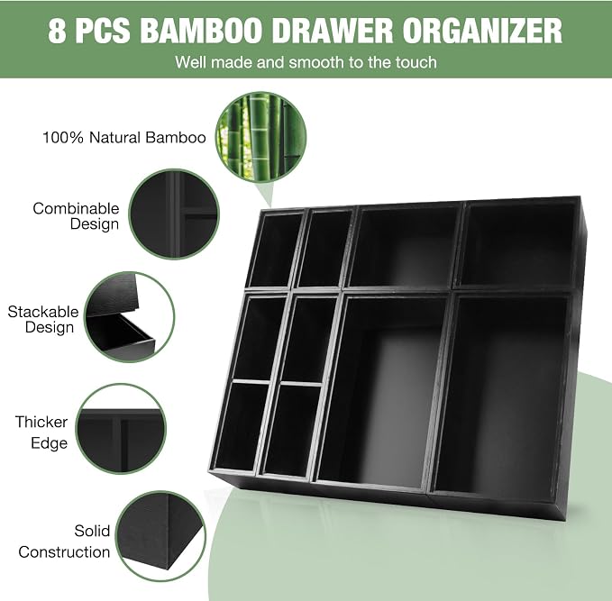 Bamboo Drawer Organizer Set, 8 PCS Black Multi-Use Drawer Storage Boxes, Junk Drawer Organizer Divider Bins for Bathroom, Kitchen, Office Desk, Makeup, Jewelry, Utensils