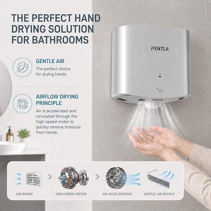 Hand Dryer, 12-15 Seconds Fast Dry Hands, 100-130V Voltage, Bottom Hot & Cold Air Switch, IPX1 Waterproof & 60s Overheat Protection