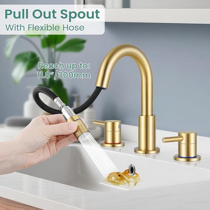 Brushed Gold Bathroom Faucet 3 Hole with Pull Out Sprayer, 8 inch Widespread Bathroom Faucets with Pop Up Drain, Bathroom Sink Faucet with 360° Swivel Spout, 2 Handle Vanity Faucet