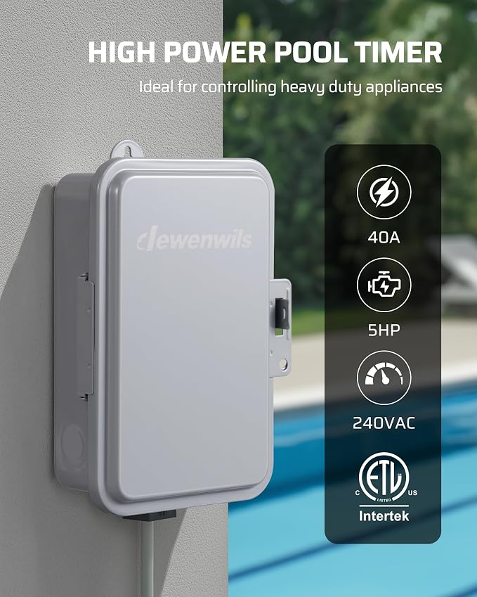 DEWENWILS 24-Hour Mechanical Timer Switch - 208-277VAC DPST, 5HP 40A, Metal Enclosure, Weatherproof Heavy Duty, Manual Override, Ideal for Pool Pump, Water Heater, HVAC Sytem, Lights, Fans, ETL Listed