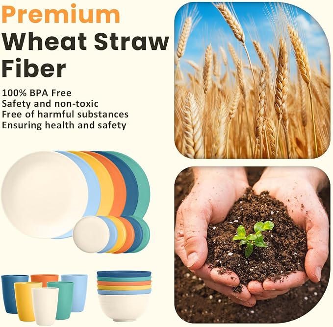 Homienly Unbreakable Wheat Straw Dinnerware Set - Plastic Plates and Bowls Sets Alternative, 24-Piece Dishes Set for Apartment, RV, Party, Microwave and Dishwasher Safe Plates, Bowls, Cups(Multi)