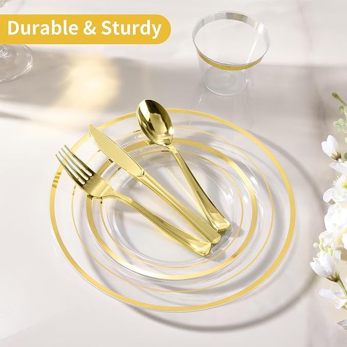 Goodluck 600 Pieces Clear Gold Plates for 100 Guests, Plastic Plates for Party, Dinnerware Set of 100 Dinner and 100 Dessert Plates, 100 Spoons, 100 Forks, 100 Knives, 100 Cups