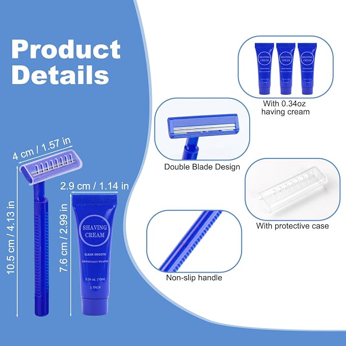 Disposable Razor Shaving Cream Set, Individually Wrapped Manual Twin Blade Shaving Razors in Bulk with Mini Smooth Shaving Cream Toiletries for Hotel Charity Camping Travel Homeless 0.34oz (30 Pack)