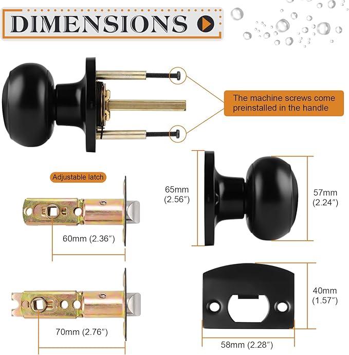 Probrico Black Ball Door Knob, Passage Function for Hallway Closet Storeroom Pantry, 1 Pack