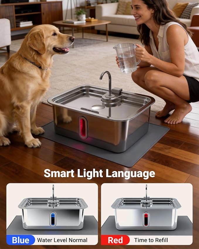 3.96Gal/15L Large Dog Water Fountain with Pet Feeding Mat and 3 Filters | Stainless Steel Pet Water Fountain for Dogs Cats, Dog Water Bowl Dispenser with Visible Window, Alert Light, Quiet Pump
