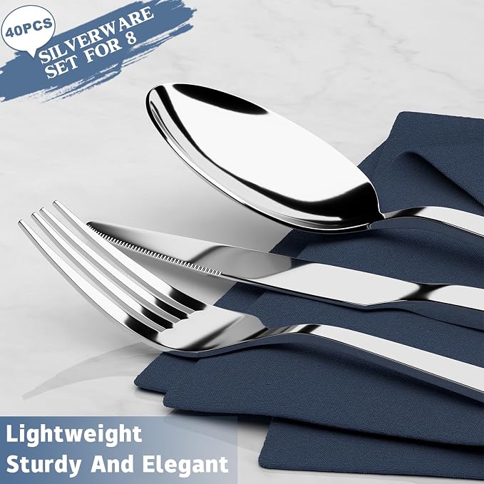 Yoehka 40 Piece Silverware Set for 8, Stainless Steel Flatware Set, Include Spoons/Forks/Knives, Mirror Polished Cutlery Set for Home Restaurant Hotel, Dishwasher Safe