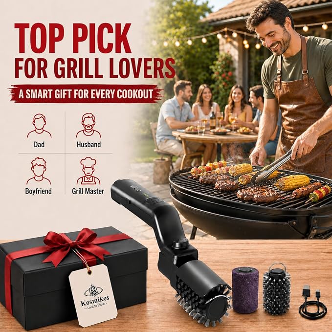 Electric Grill Brush Rechargeable, Cordless Rotary BBQ Cleaner with 3 Speeds, 180° Adjustable Head, Detachable Brush Heads for Outdoor Gas and Charcoal Grills, Black