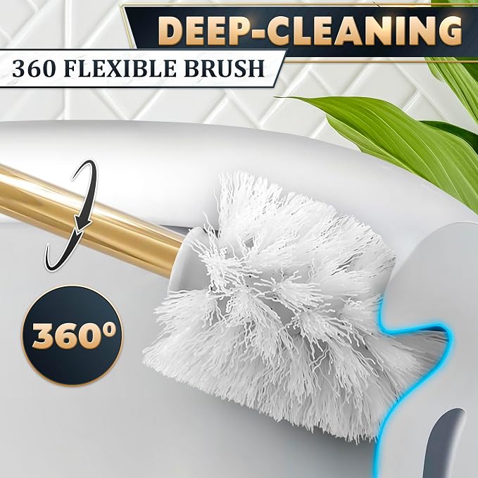 Gold Stainless Steel Toilet Brush with Crystal Toilet Brush Holder Set – Wall Mounted Holder, Replaceable Head, Decorative Space-Saving Design Bathroom Toilet Accessory Elegant Toilet Bowl Cleaner Set