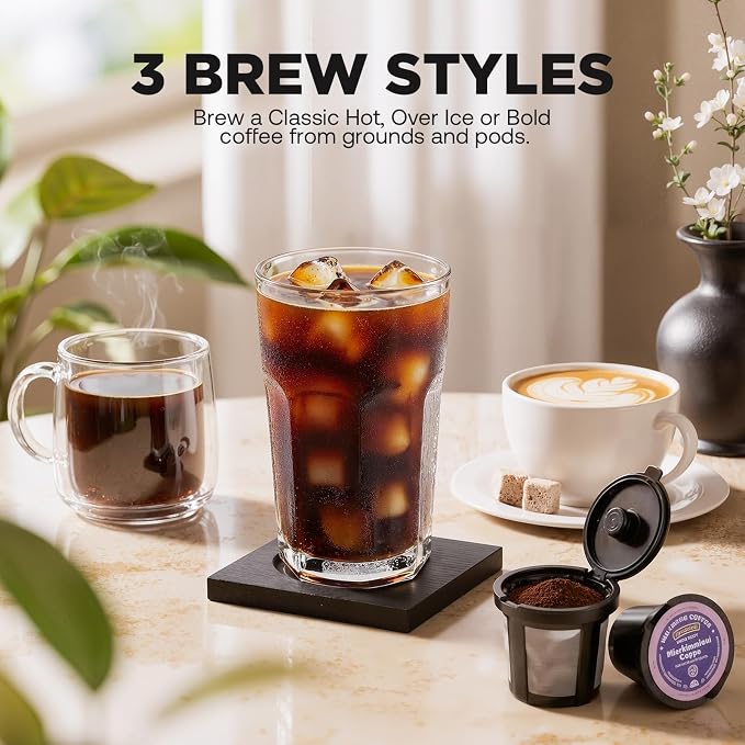 Tastyle Single Serve Coffee Maker Hot and Iced with Bold Brew, Up to 16 Oz | for K Cup and Ground, Fits 7.3'' Travel Mug, 5 Cup Sizes, Compact for Office, RV& Hotel, K320, 3.0 Version, Black