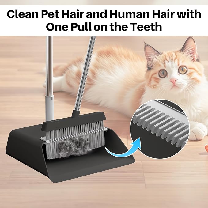 JOYMOOP Black Broom and Dustpan Set, Upright Angle Design with Built-in Comb Teeth for Home, Office, Hardwood Floors, Pet Hair