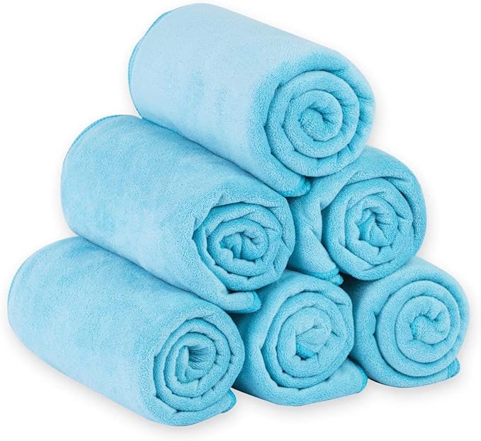 JML Microfiber Bath Towels Set, Sky Blue, 27" x 55", 6 Pack | Hanging Loop, Absorbent, Soft, Fast Drying, Lint free, Fade Resistant, Multipurpose for Adult, Beach, Pool, Sport, Yoga