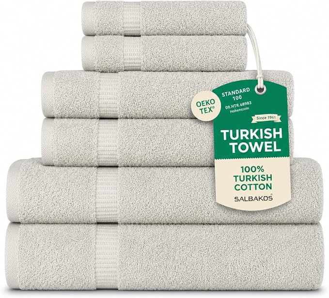 SALBAKOS 100% Turkish Cotton Bathroom Towel Set of 6-Piece, Stone | 630 Gsm Thick Super Soft Highly Absorbent 2 Bath + 2 Hand + 2 Washcloth Towels Sets, Giftable, Hotel Quality, Made in Turkey
